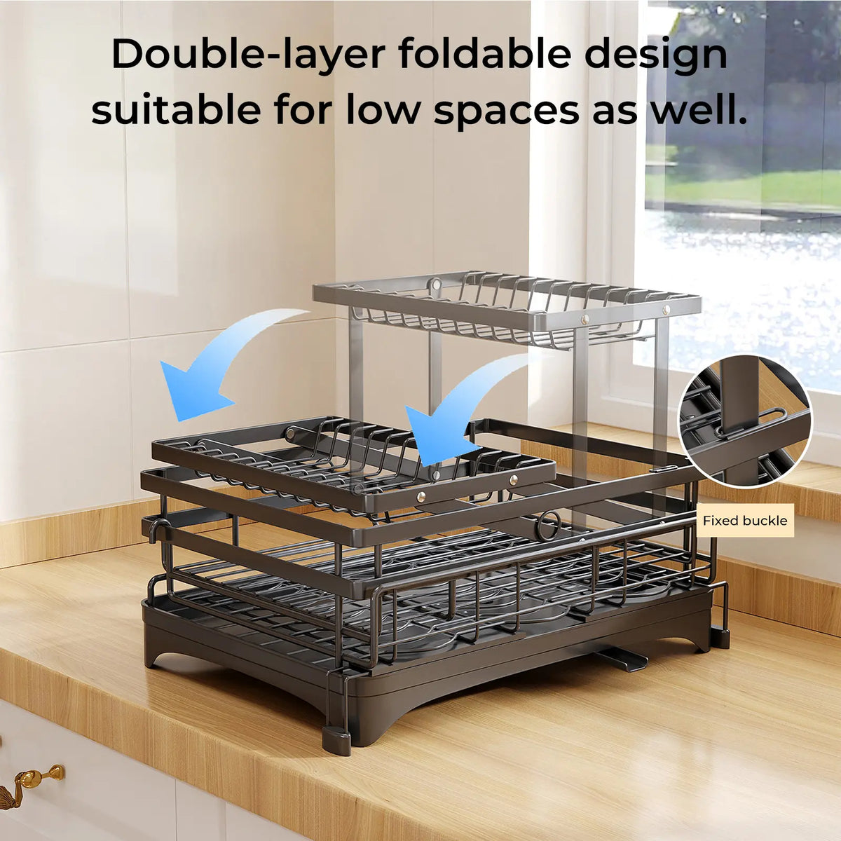 Double-Layer Expandable Dish Drying Rack - Heavy Duty Rustproof Multi-Tiered Sink Rack Draining Boards, Kitchen Organizer with Automatic Water Drainage, Utensil Storage, Fits Countertops/Sinks, Ideal for Small Apartments & Families (House Organizers), Apa