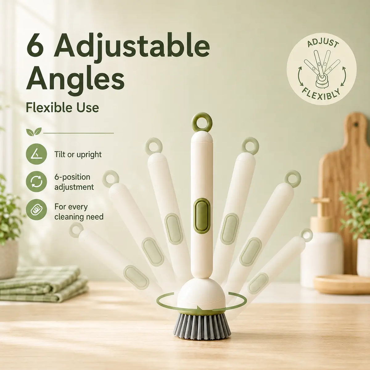 6-in-1 Adjustable Multi-Use Dish Brush with Soap Dispenser, 360° Rotates for Pots, Pans, Sink Kitchen Cleaning, Multi-Use Brush, Rotates 360°