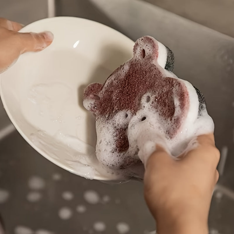 2/4pcs Cute Bear Dishwashing Sponges, Thickened Pot Scrubbers, Stain-Removing Kitchen Scouring Pads, Dishwashing and Pot Cleaning Magic Tools