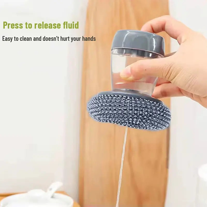 Palm Handle Automatic Liquid-Filling Plastic Soap Dispensing Brush - Sponge-Integrated Kitchen Home Cleaning Tool with Squeegee, Detachable Head Clean, Removable Washable for Sink Stove Tough Stain Grease Removal, Gentle Soap Flow