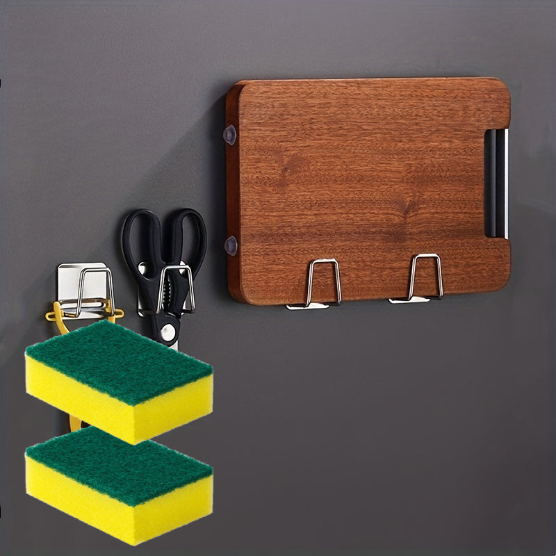 4pcs Set (2 Stainless Steel Kitchen Sink Sponge Holders + 2 Cleaning Sponges), No Drilling Required, Wall-mounted Design with Dual Hooks, Ideal for Sponges and Small Tools, Keeps Surfaces Clean, for Dish-washing Sponges