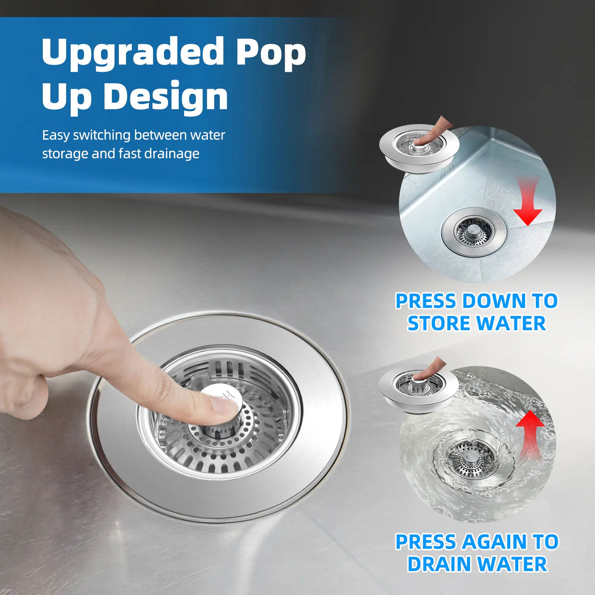 Hibbent Stainless Steel Sink Stopper - All-Metal 3-in-1 Pop-Up Drain Kitchen Fixture Accessories, Detachable Push Down Plug with Handle Rod, Anti-Clog Drainage for US Standard 3.5-in Filters