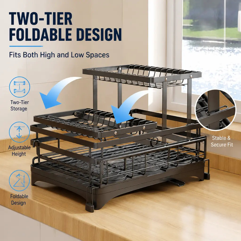 Home Supplies 2-Tier Expandable Over-Sink Dish Drying Rack - Carbon Steel Counter Space-Saver with Collapsible Storage, Drainboard, Reversible Pull-Out Adjustable Racks, 360° Drainage System, 40 cm Size, Easy Installation, Keeps Counters Clean