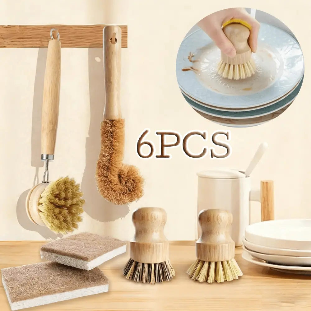 6PCS Bamboo Dish Brush Set Practical Dish Cleaning Brush Set Multifunctional Dish Washing Brush Set Ergonomic Kitchen Brush Set for Kitchen Cleaning Pots Pans Dishes