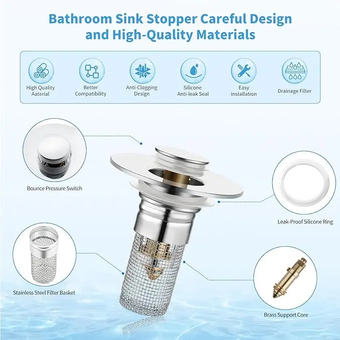 KKC 2/1 pcs Pop-Up Bathroom Sink Drain Strainer, Stainless Steel Hair Catcher Basket with Brass Drain Plug, Universal Fit for US Bathroom Sinks, Bathtubs, Showers & Floor Drains