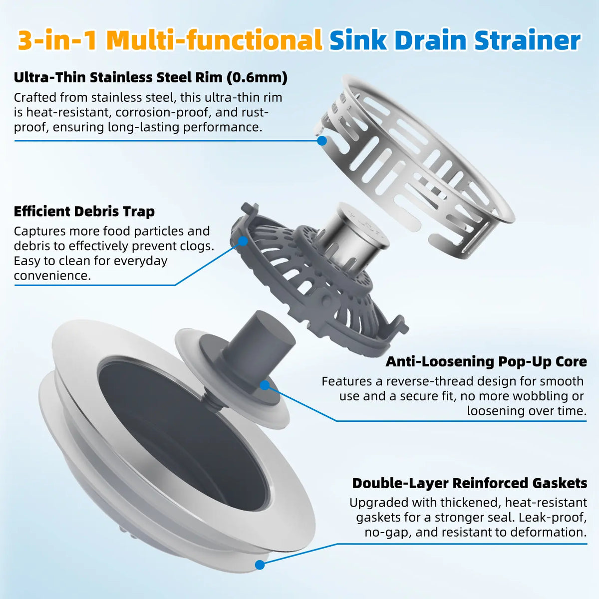 Hibbent Upgraded 3 in 1 Kitchen Sink Drain Strainer, Stainless Steel Pop Up Sink Stopper, Larger Anti-Clogging Basket, 3-Layer Seal, Detachable Drain Plug for US Standard 3-1/2" Drain, Brushed Nickel