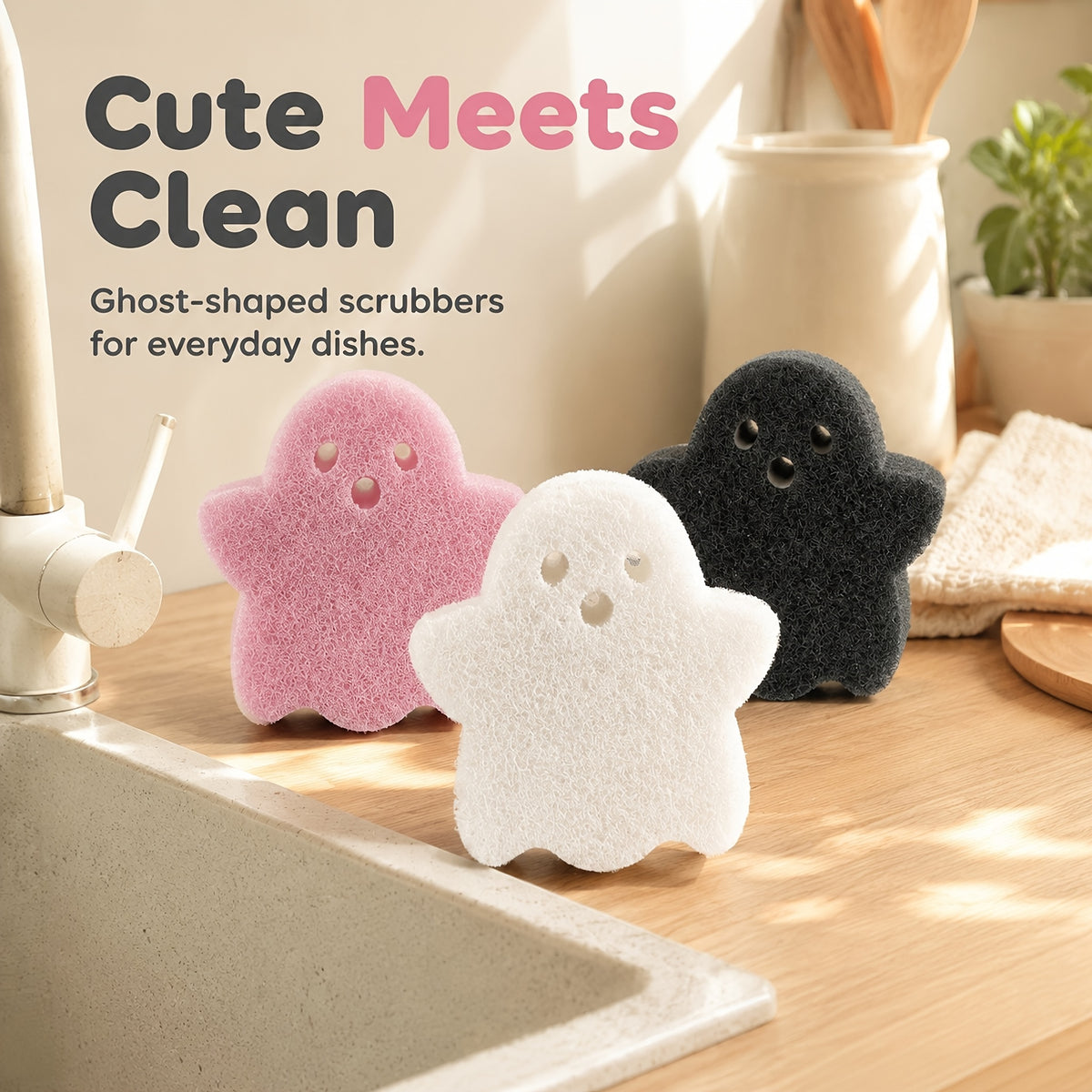 3pcs Random Color Halloween Cleaning Sponges, Kitchen Pot and Dish Scrub Sponges, Double-Sided Sponges, Three-Layer Composite Stain-Removing Cleaning Sponges