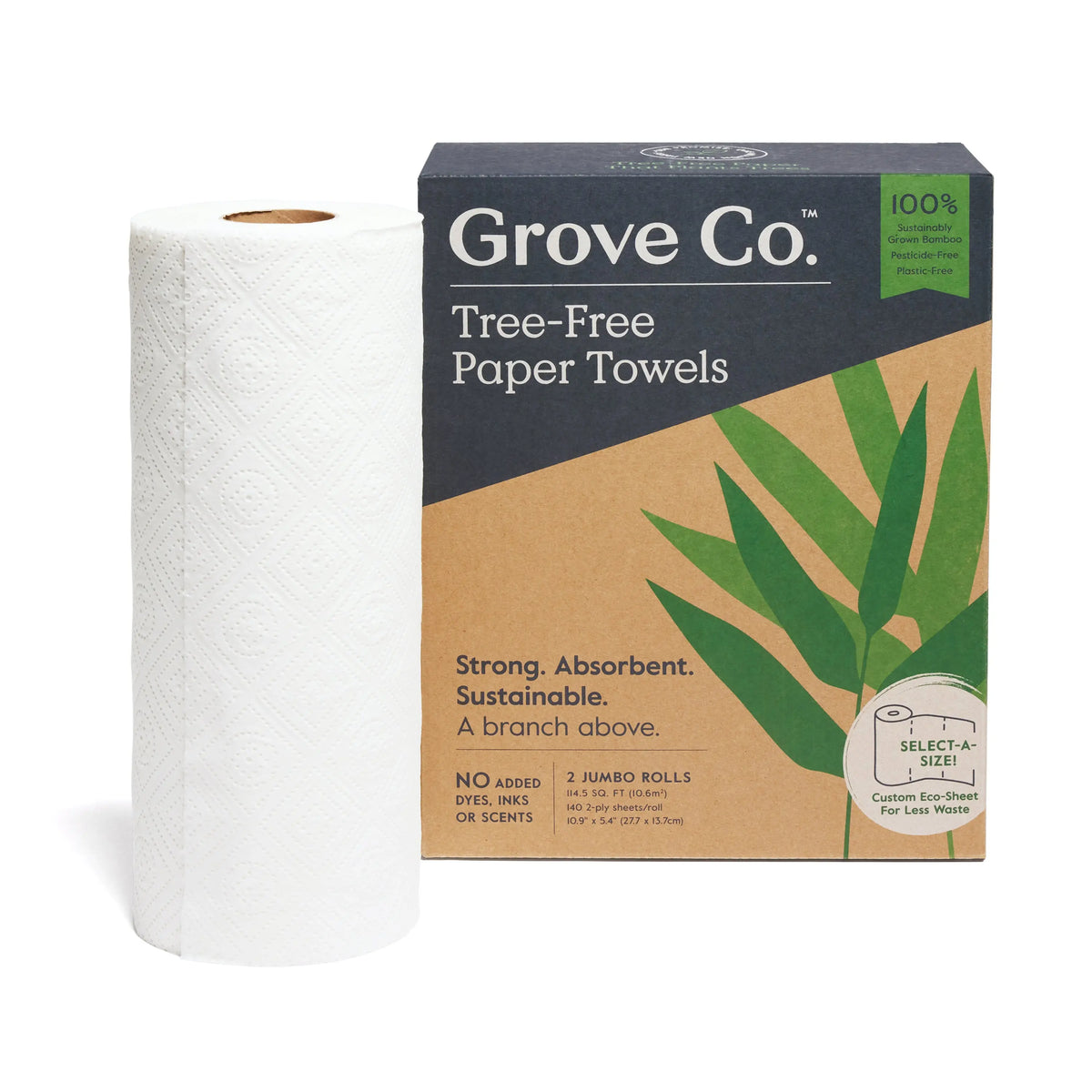 Grove Co. 2-Ply Bamboo Kitchen Paper Towels (5.4" x 11", 140 Sheets/Roll), FSC Certified, Absorbent, Dye-Free, Bleach-Free, Unscented Home Care Supplies for Kitchen Spills & Cleanup
