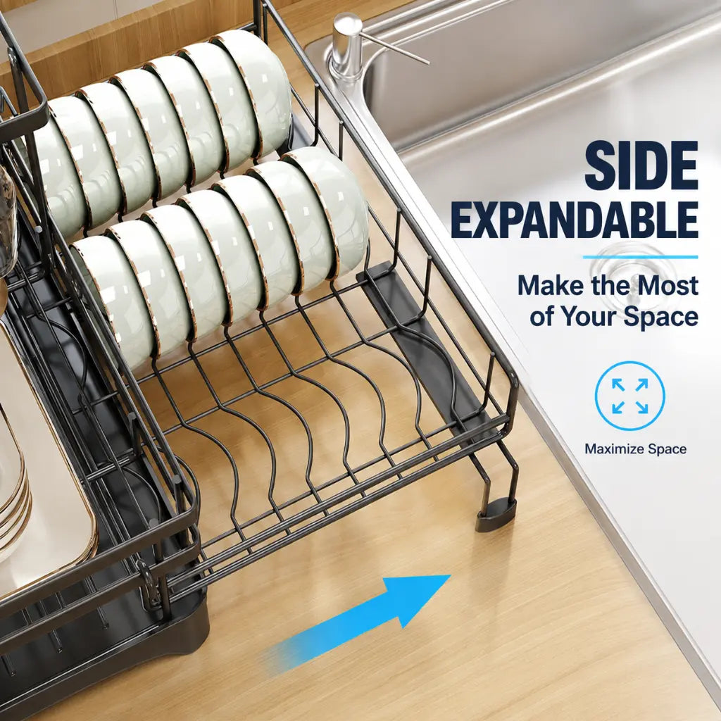 Home Supplies 2-Tier Expandable Over-Sink Dish Drying Rack - Carbon Steel Counter Space-Saver with Collapsible Storage, Drainboard, Reversible Pull-Out Adjustable Racks, 360° Drainage System, 40 cm Size, Easy Installation, Keeps Counters Clean
