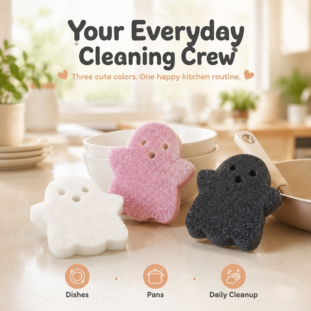 3pcs Random Color Halloween Cleaning Sponges, Kitchen Pot and Dish Scrub Sponges, Double-Sided Sponges, Three-Layer Composite Stain-Removing Cleaning Sponges