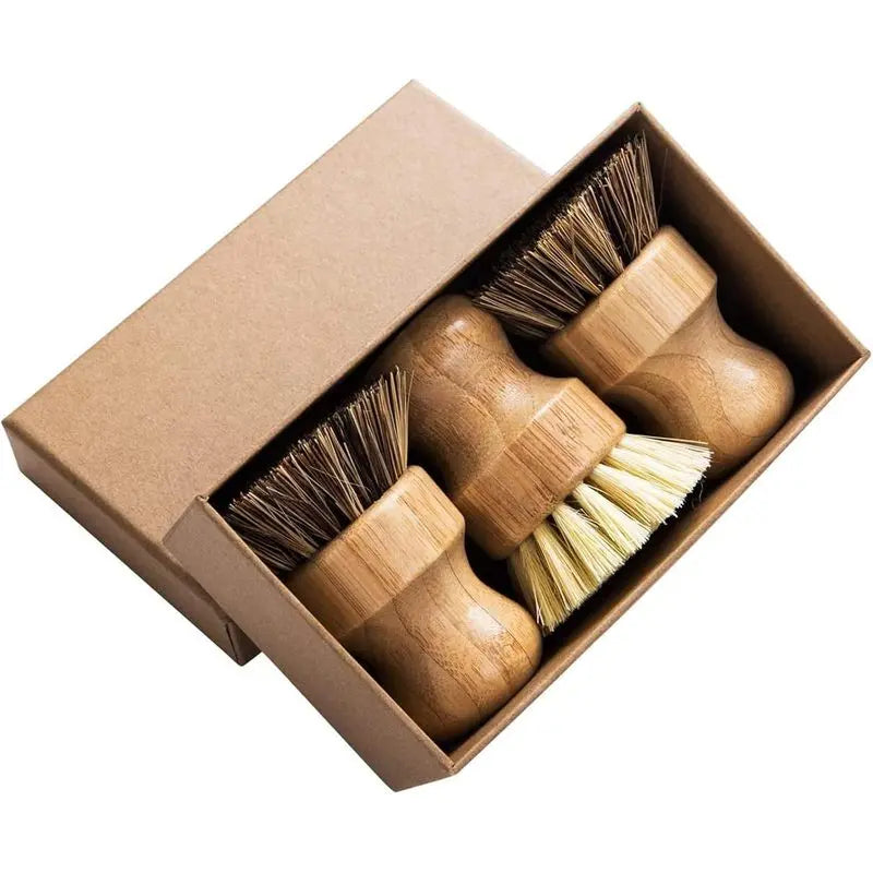 Palm Pot Brush- Bamboo Round 3 Packs Mini Dish Brush Natural Scrub Brush Durable Scrubber Kitchen Cleaning Kit with Union Fiber and Tampico Fiber for Cleaning Pots, Pans and Vegetables