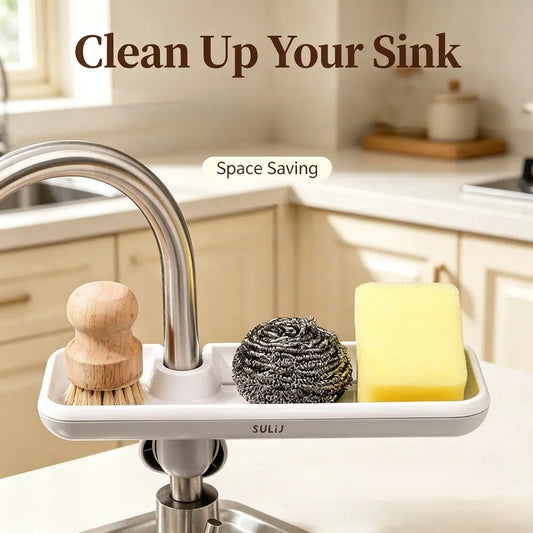 1Pc 360° Rotatable Faucet Sink Caddy, Minimalist No‑Drill Quick Drain Sponge Holder, Space‑Saving Hanging Durable Storage Rack for Kitchen Sink & Bathroom Shower