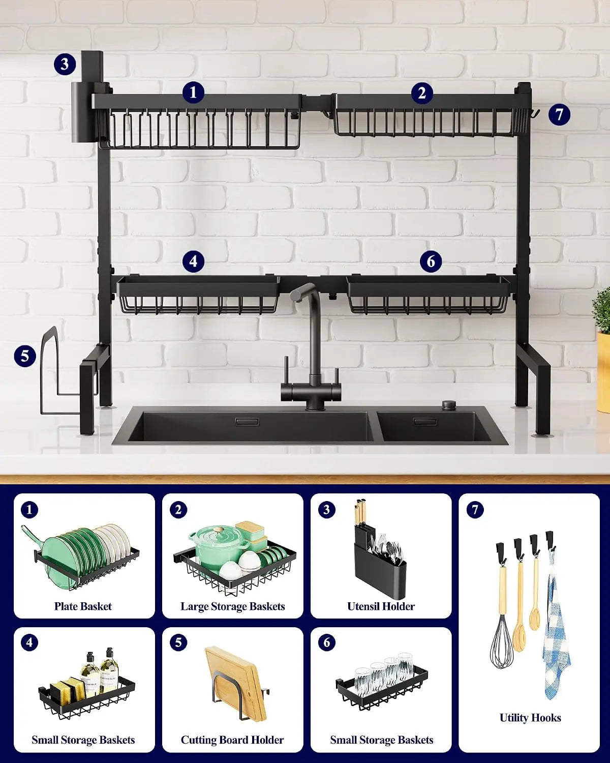 Adjustable Over The Sink Dish Drying Rack, 26.8" -33.9"x21.5" | Sink Drying Rack for Kitchen Sink, Dish Rack Over Sink with Cutlery & Utensil Holders, Kitchen Storage, Black