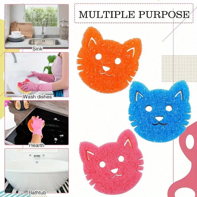 3pcs Double-Sided Scrub Sponges, Temperature-Sensitive Surface - Scratch-Free Dishwasher Safe, Multi-Color Cat Face Design, Suitable for Kitchen, Bathroom and Pet Cleaning, Durable Kitchen Sponge