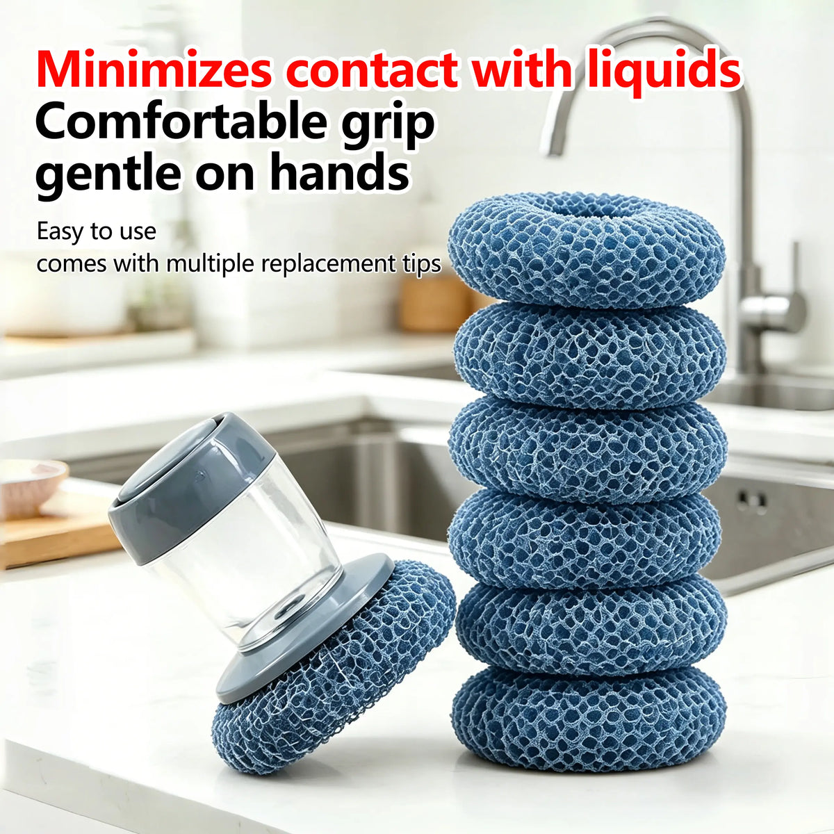 Automatic Liquid-Adding Kitchen Pot Brush with Comfortable Handle, Deep Grease Lift, Removable Head, Easy Clean Scrubber for Frying Pans, Plates, Gentle-on-Hands Manicure-Friendly Home Care Tool
