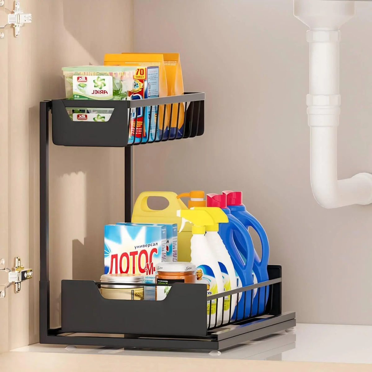 Under Sink Organizer 2 Tier Pull Out CabinetOrganizer Slide Out Sink Shelf & Cabinet Organizerfor Kitchen Bathroom Cabinet Installation OrganizingSystem
