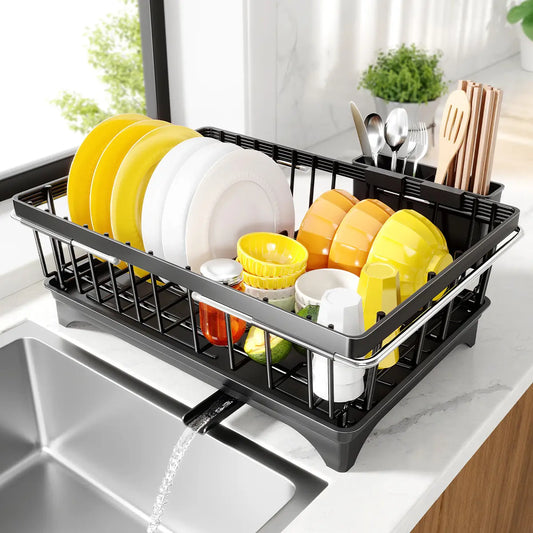 MiAoLi Over the Sink Expandable Stainless Steel Dish Drainer Drying Rack - Smooth, Slide-Adjustable, Rubber-Grip, Farmhouse-Style Compact Holder for Small Kitchen Counter Space Saving, Ideal Gift, Hollow, Kitchen Accessories, Fingerprint Resistant, Organi