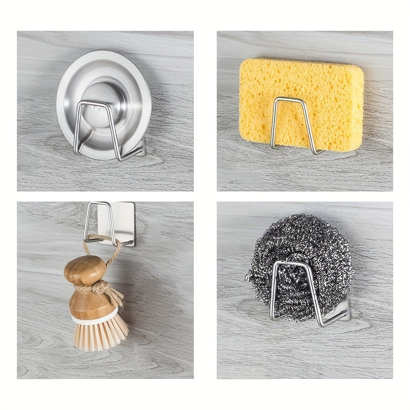 4pcs Set (2 Stainless Steel Kitchen Sink Sponge Holders + 2 Cleaning Sponges), No Drilling Required, Wall-mounted Design with Dual Hooks, Ideal for Sponges and Small Tools, Keeps Surfaces Clean, for Dish-washing Sponges
