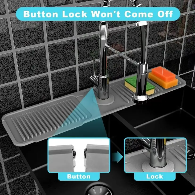 Kitchen Sink Silicone Folding Faucet Mat, 24 Inch Splash Guard, 6° Slope Water Draining Mat, Bathroom Sink Protector,  Sink Accessories for Kitchen Household Items Cleaners,Gray Silicone Fasten Button Mat, Water Flow Control for Kitchen and Bath