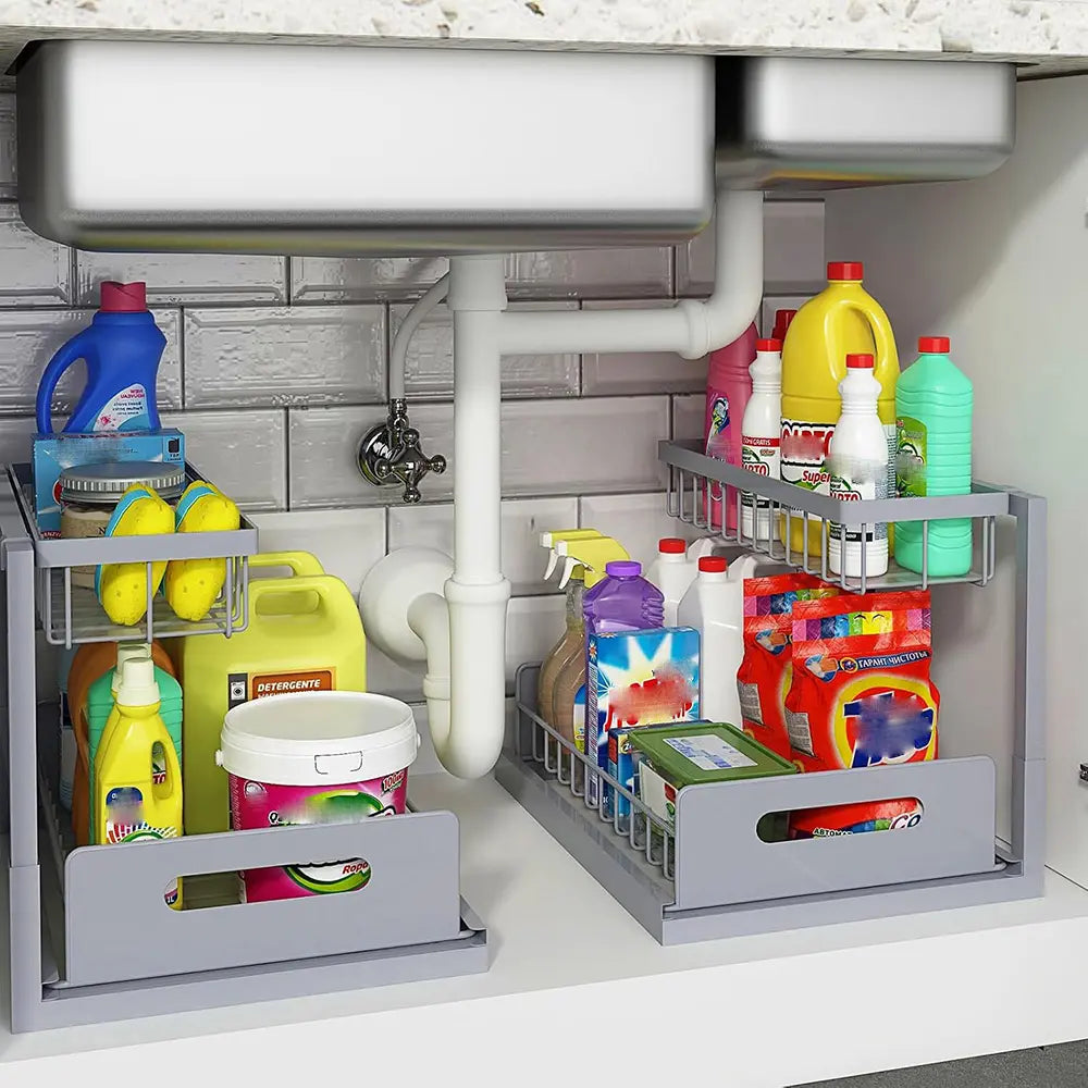 Under Sink Organizer 2 Tier Pull Out CabinetOrganizer Slide Out Sink Shelf & Cabinet Organizerfor Kitchen Bathroom Cabinet Installation OrganizingSystem