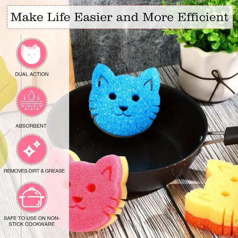 3pcs Double-Sided Scrub Sponges, Temperature-Sensitive Surface - Scratch-Free Dishwasher Safe, Multi-Color Cat Face Design, Suitable for Kitchen, Bathroom and Pet Cleaning, Durable Kitchen Sponge