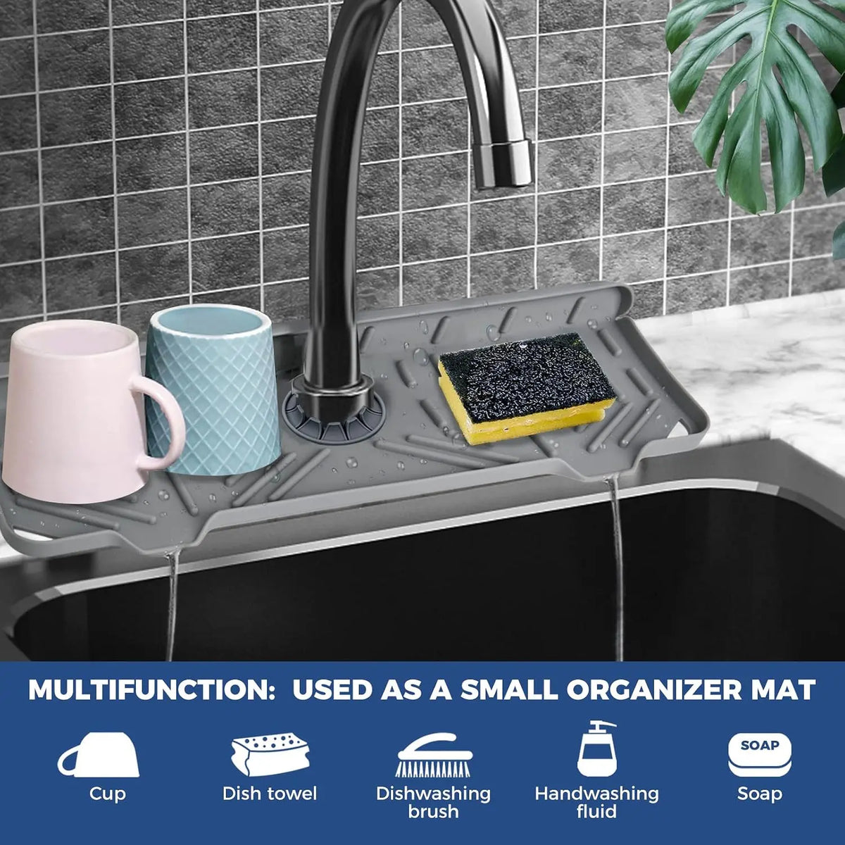 Silicone Faucet Handle Drip Catcher Mat, Kitchen Sink Splash Guard with Drying Tray, Dish Soap Sponge Holder, Water Absorbent Countertop Organizer for Kitchen and Bathroom Sinks, Gray