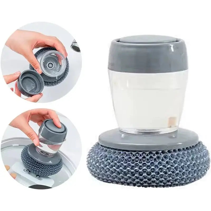 Palm Handle Automatic Liquid-Filling Plastic Soap Dispensing Brush - Sponge-Integrated Kitchen Home Cleaning Tool with Squeegee, Detachable Head Clean, Removable Washable for Sink Stove Tough Stain Grease Removal, Gentle Soap Flow