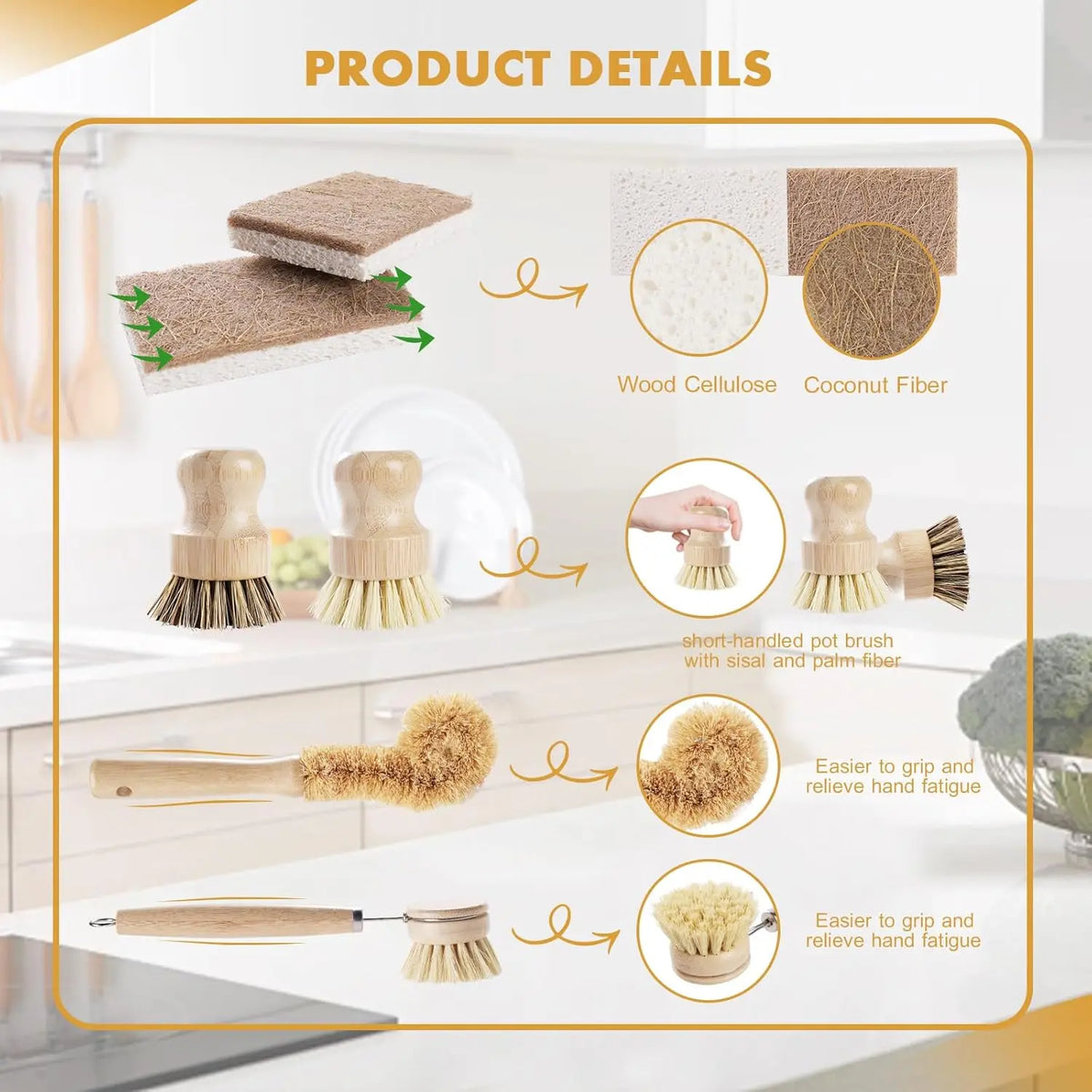 6PCS Bamboo Dish Brush Set with Coconut Sponge - Wooden Dish Brush with Sisal and Palm Fiber, Natural Bamboo Dish Scrub Brush for Kitchen Cleaning Dishes, Pots, Pans, Bottles, Vegetables