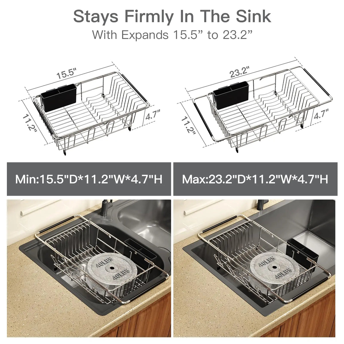 Expandable Stainless Steel Over Sink Dish Drying Rack with Utensil Holder, Rustproof Space-Saving Dish Drainer, Perfect for Small Kitchens, Apartments & RVs