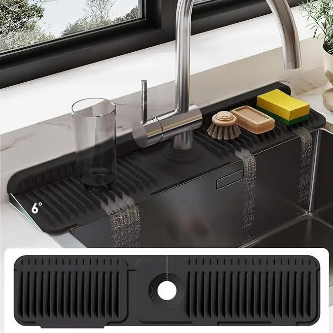 Kitchen Sink Silicone Folding Faucet Mat, 24 Inch Splash Guard, 6° Slope Water Draining Mat, Bathroom Sink Protector,  Sink Accessories for Kitchen Household Items Cleaners,Gray Silicone Fasten Button Mat, Water Flow Control for Kitchen and Bath