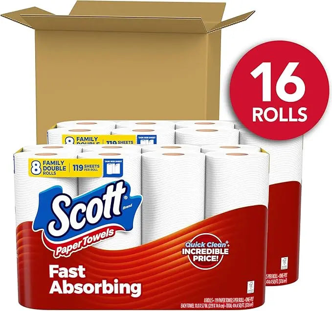 Scott Brand 16 Rolls Family Double Task Size Sheet Paper Towels Fast Absorbing Quick Clean Incredible Price
