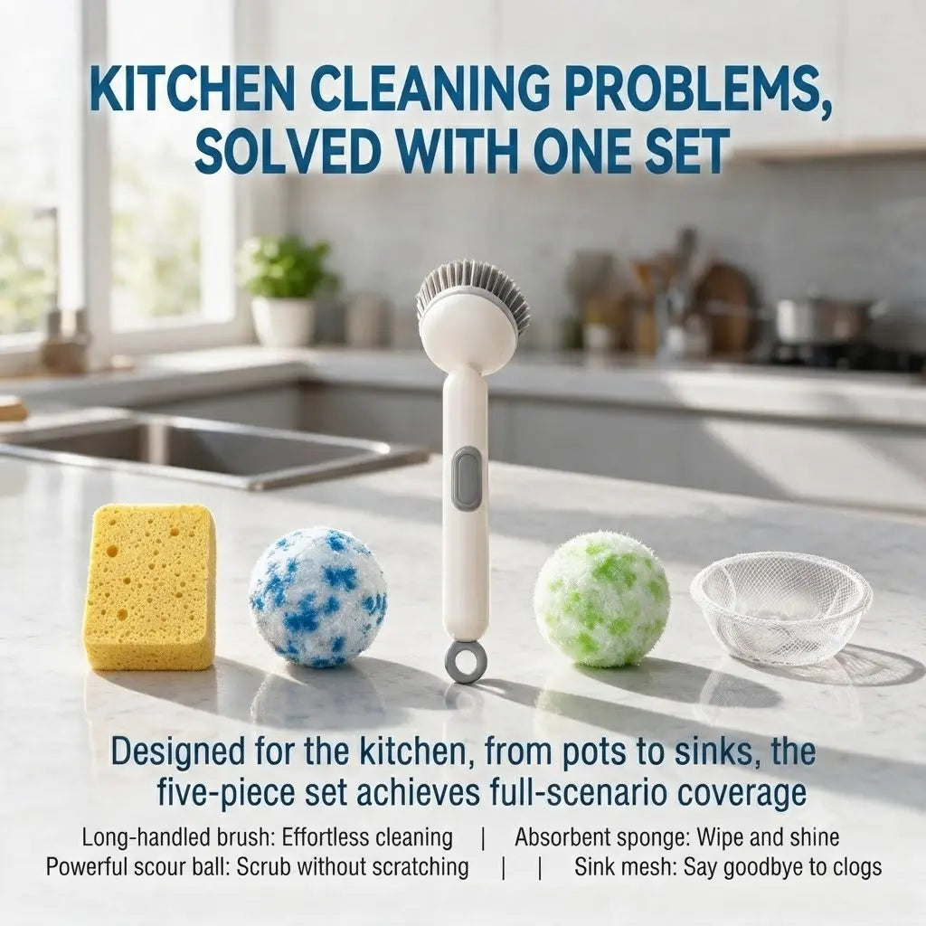 Kitchen Cleaning Tool Set, Long Handle Brush + Sponge + Abrasive Balls + Sink Strainer, Streak-Free Degreasing, Suitable for Pots, Bowls, Countertops