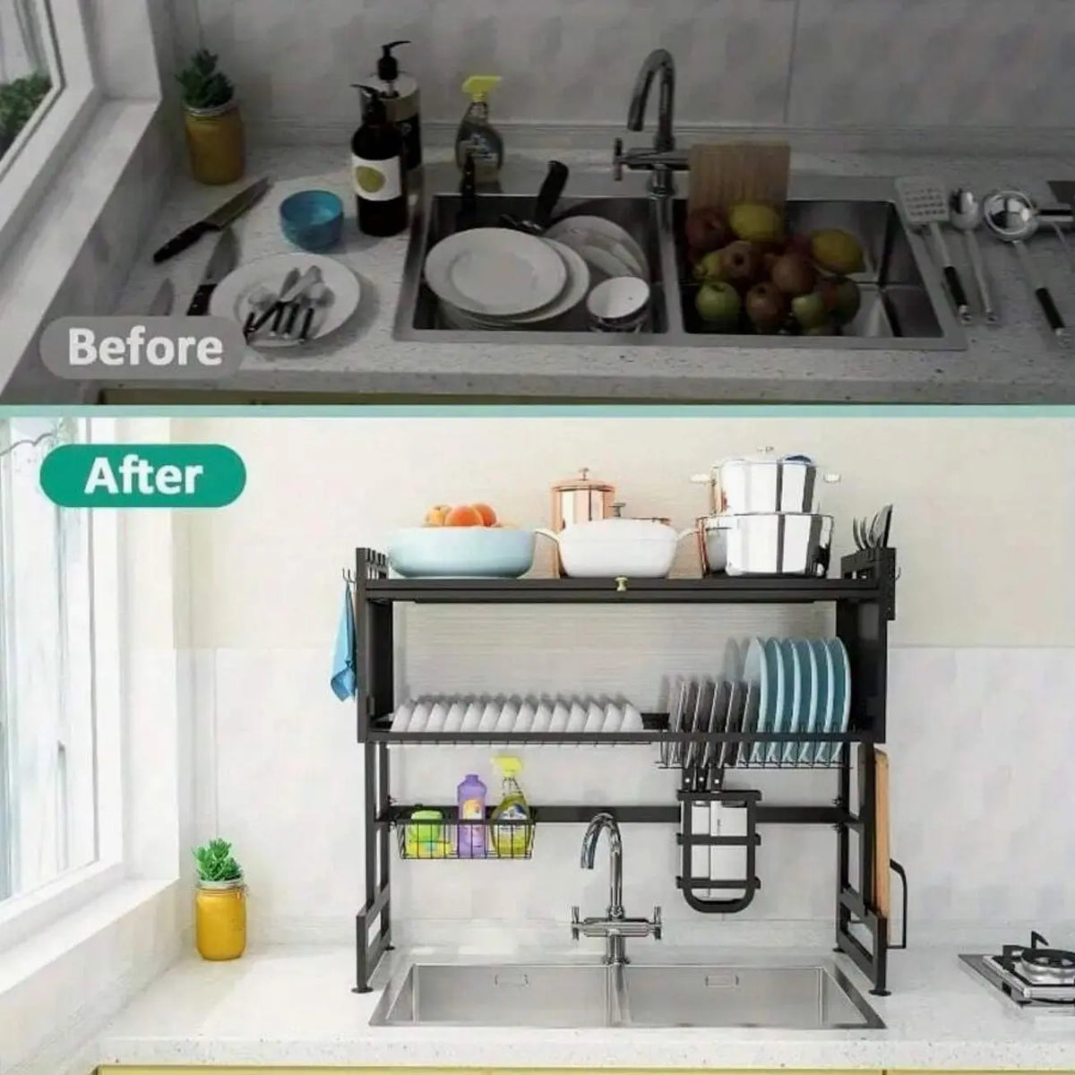 Multi-Tier Dish Drainer For Kitchen Sink And Countertop, Dust-Proof Dish Drying Rack And Cutlery Storage Organizer