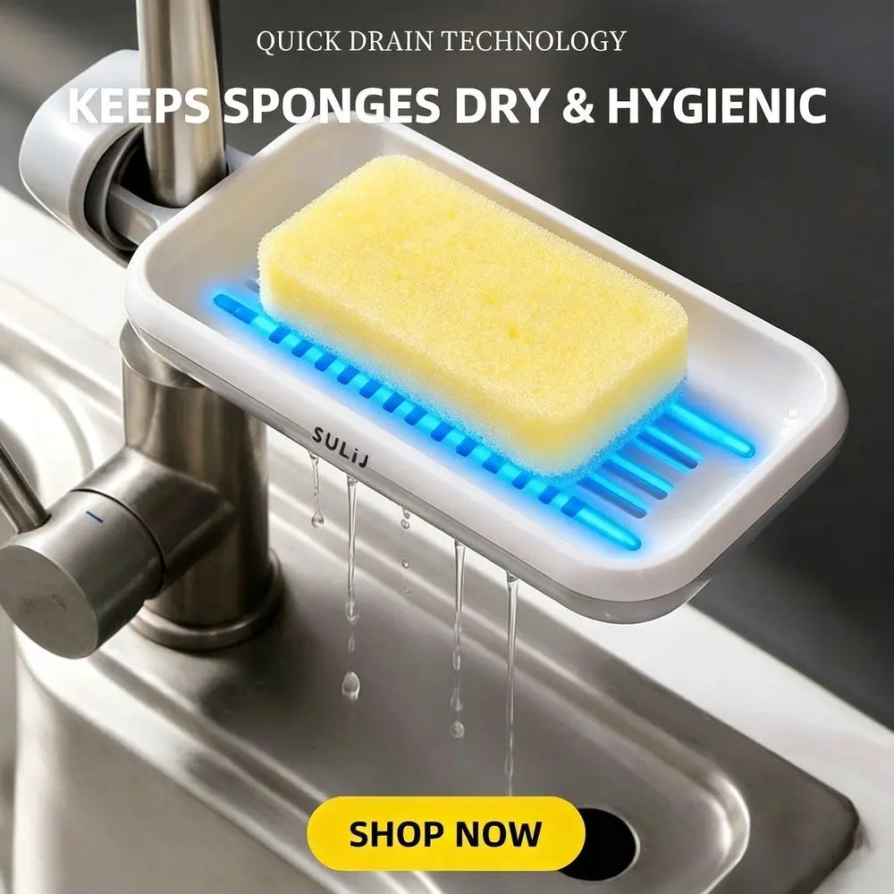 1Pc 360° Rotatable Faucet Sink Caddy, Minimalist No‑Drill Quick Drain Sponge Holder, Space‑Saving Hanging Durable Storage Rack for Kitchen Sink & Bathroom Shower