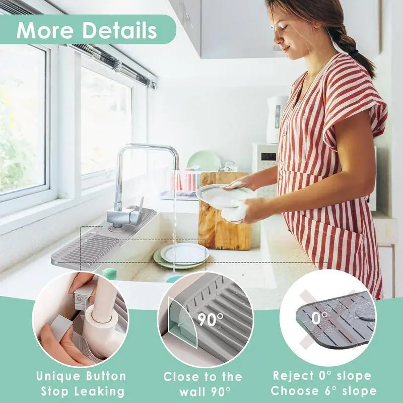 TerraGlow Living 24x5.5" Rectangular Silicone Kitchen Sink Faucet Water Splash Guard, 5° Slope Fast Self-Draining, Leakproof Secure Eco-Friendly, Customizable Hole & Button Design, Food-Grade Durable Easy-to-Clean Home Supply, Dishwasher Safe