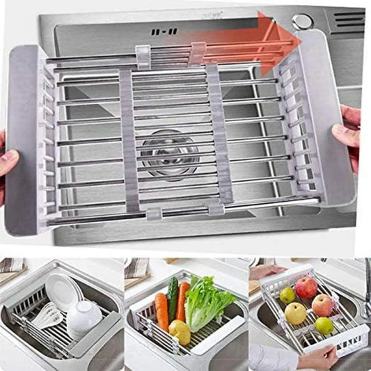 Stretchable Stainless Steel Over-Sink Dish Drying Organizer with Adjustable Extendable Brackets, Multi-Purpose Water Filter Tray for Tableware & Fruit, Kitchen Supplies Storage Accessory
