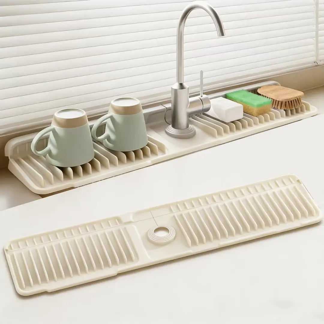Food-Grade Silicone Kitchen Sink Faucet Drying Mat - 24" Water Splash-Proof Guard, Stable 7° Slope Self-Draining, Quickdry Fins, Adjustable Durable Easy-Clean Leak-Proof Kitchen Accessory, Soap Stays Dry, Less Splash Mess, Fits 1.6-2.7" Faucets, Faster Si