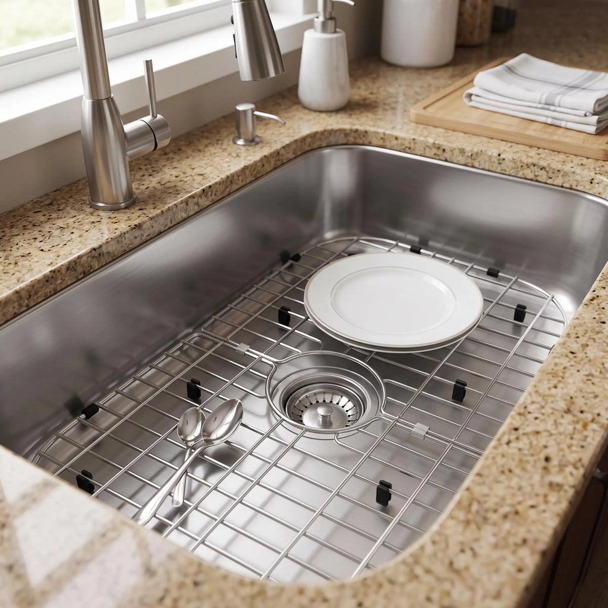 【IdealHouse】 Rectangular Foldable Stainless Steel Sink Rack, 26x14.1in Sink Protector Grid with Center Drain Hole, Soft Rubber Feet, Bumpers, Scratch-Proof Dish Drying Rack for Kitchen Use, Foldable Grid