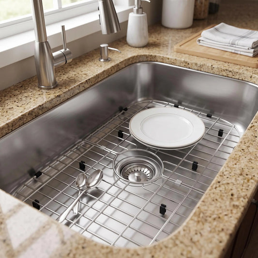 【IdealHouse】 Rectangular Foldable Stainless Steel Sink Rack, 26x14.1in Sink Protector Grid with Center Drain Hole, Soft Rubber Feet, Bumpers, Scratch-Proof Dish Drying Rack for Kitchen Use, Foldable Grid