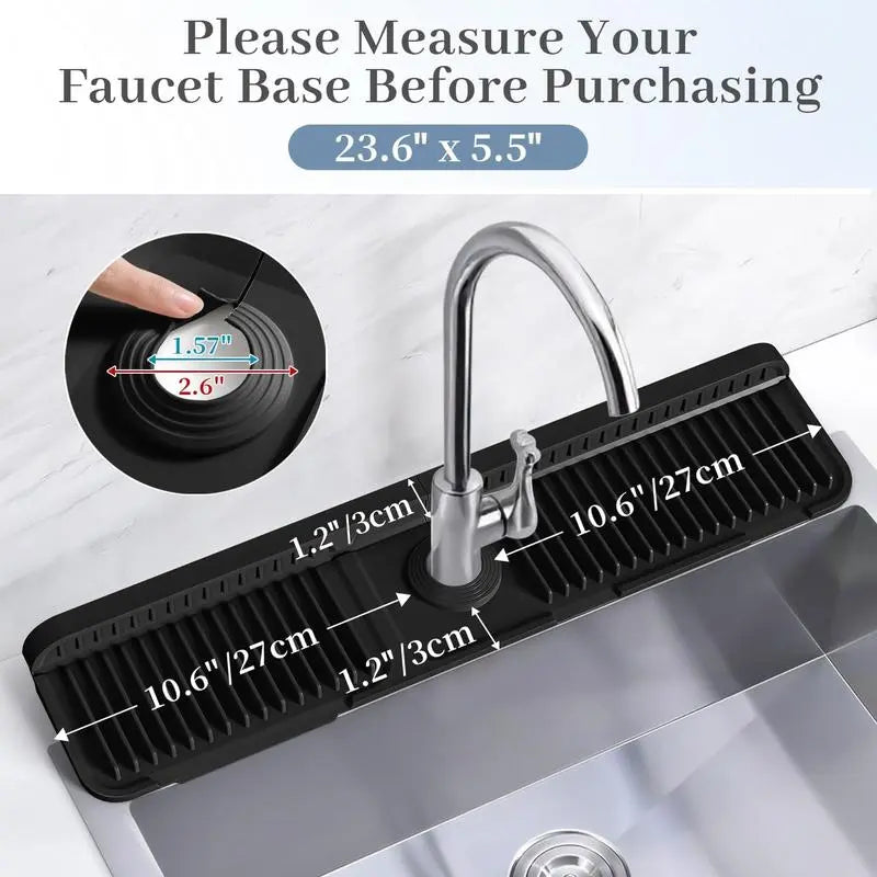 24 Inch Extra Long Silicone Faucet Mat for Kitchen Sink, 7° Slope Self-Draining Splash Guard, Water Catcher Draining Pad for Counter Protection, Keep Kitchen Sink Area Clean and Dry summerwins, Rectangle, Adaptive Adjustable Center Hole