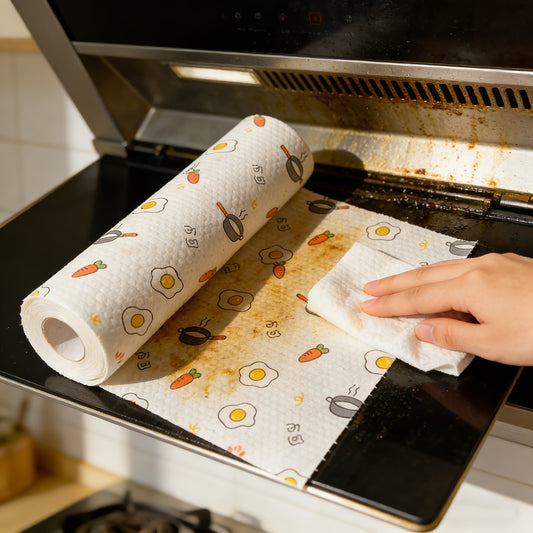 40 Sheets/Roll, 9.45-inch Widened and Thickened Lazy Kitchen Cleaning Cloths, 1 Roll with 8 Random Cartoon Print Styles, Disposable Dish Towels for Both Dry and Wet Use, Highly Efficient at Absorbing Oil and Water, Suitable for Stove and Range Hood