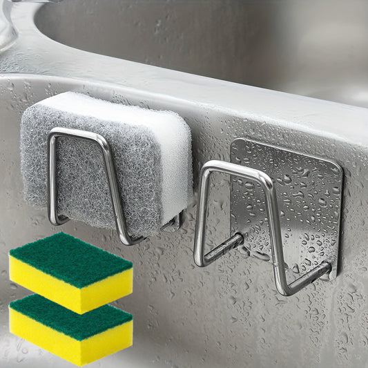 4pcs Set (2 Stainless Steel Kitchen Sink Sponge Holders + 2 Cleaning Sponges), No Drilling Required, Wall-mounted Design with Dual Hooks, Ideal for Sponges and Small Tools, Keeps Surfaces Clean, for Dish-washing Sponges