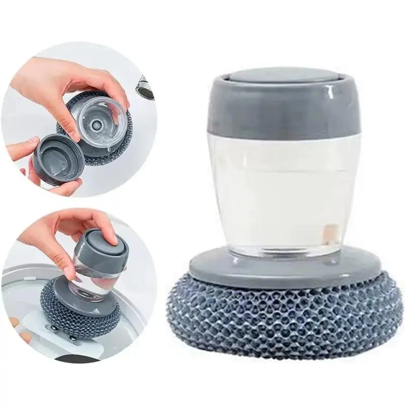 Liquid Dispensing Dish Brush with Handle, Refillable Kitchen Cleaning Brush for Dishes, Bowls, Pots and Sink, Handheld Dishwashing Tool for Everyday Kitchen Use