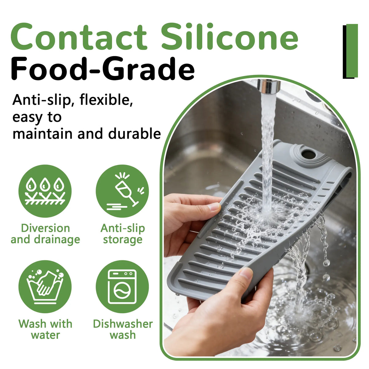 Kitchen Silicone Sink Faucet Mat - Upgraded Angled Fast Drain Trimmable Hole Protection Mat, Quick Dry Stone Tray, Drip Collector, Water Splash Guard for Kitchen Sinks