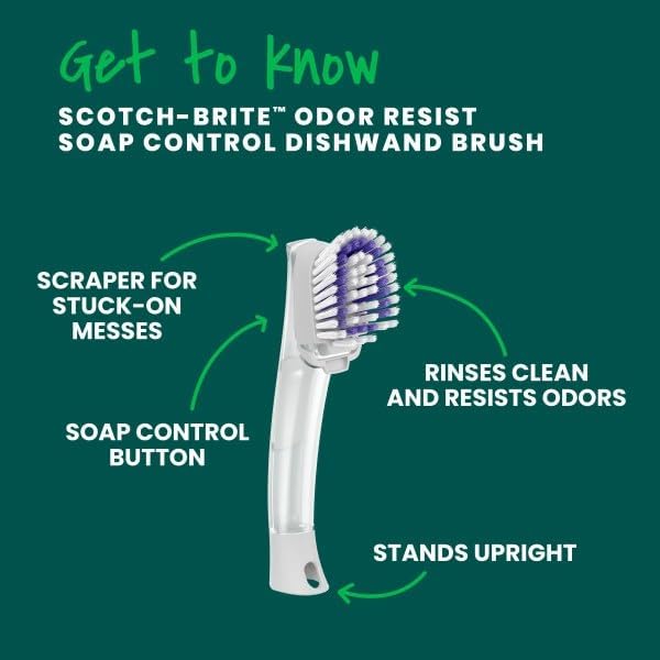 Scotch-Brite Odor Resist Soap Control Dishwand Brush, 1 Cleaning Dish Wand Brush, Precise Soap Control, Leak-Free Guarantee, Safe on Dishes, Nonstick Cookware, Tubs