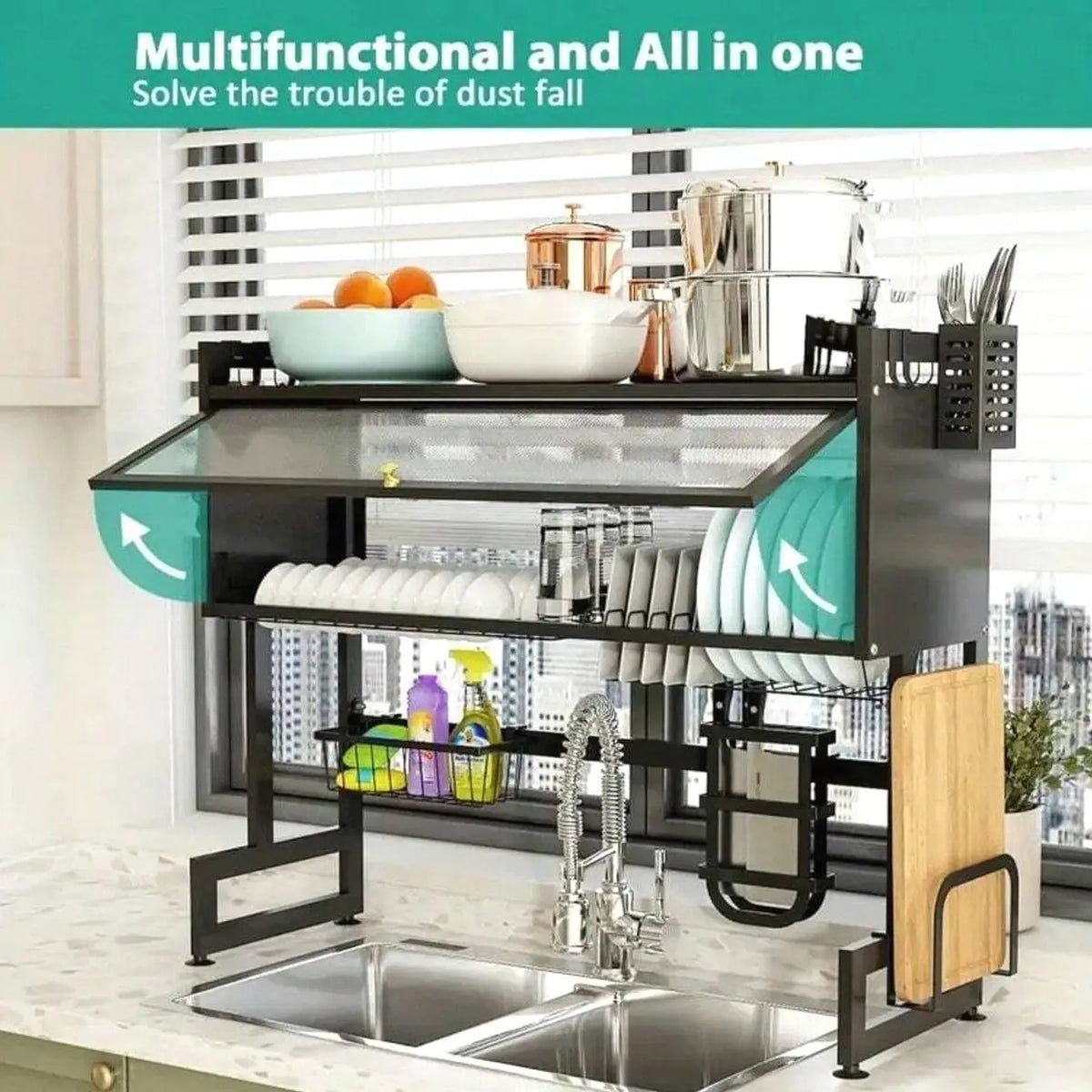 Multi-Tier Dish Drainer For Kitchen Sink And Countertop, Dust-Proof Dish Drying Rack And Cutlery Storage Organizer