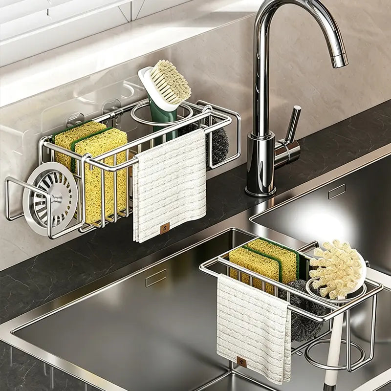TAILI 4-in-1 Sink Caddy for Kitchen Sink with Strong Suction Cup-Silver | Removable Sponge Holder for Kitchen Sink Organizer, Rustproof 304 Stainless Steel Holder for Sponge, Brush, Scrubber, Scraper