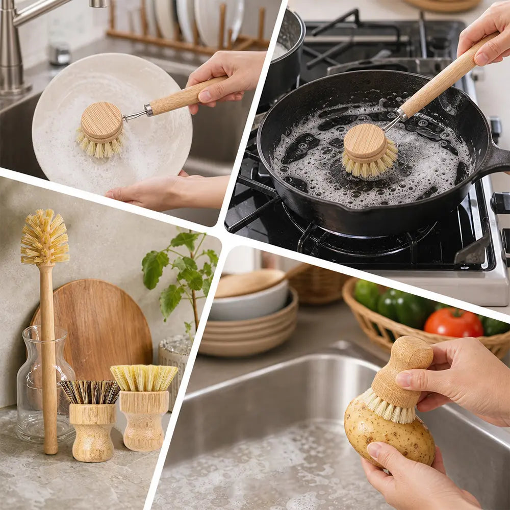 5 Packs Bamboo Dish Brush Set, Wooden Dish Brush with 14’’ Bottle Brush, Natural Kitchen Scrub Brush for Dishes Pots, Pans, Sinks, Woks, Vegetables