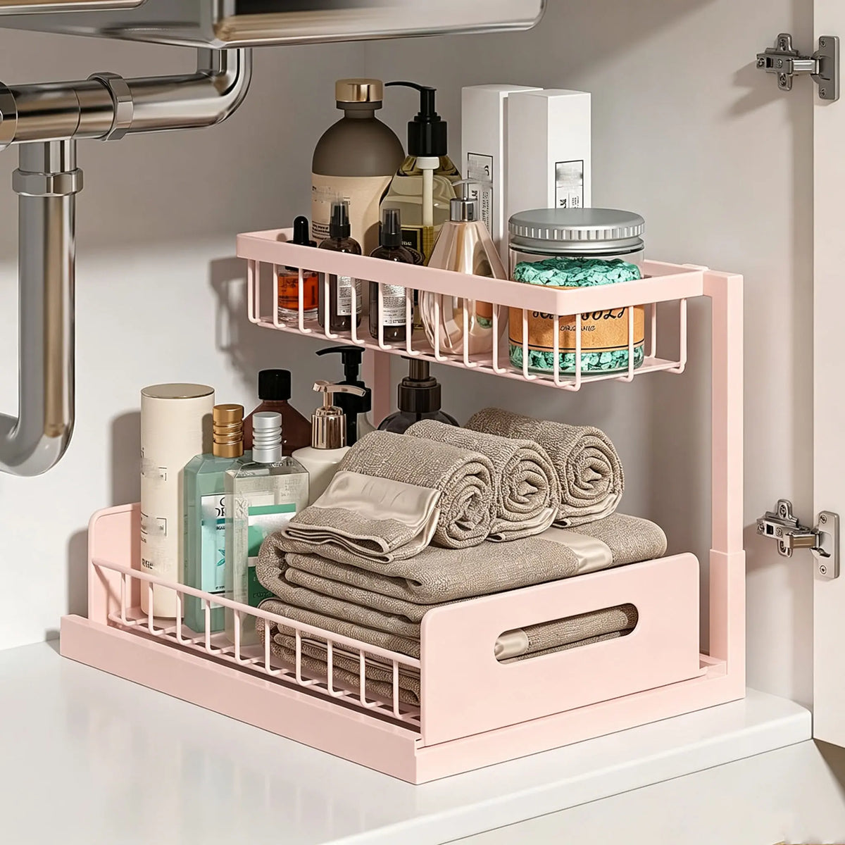Under Sink Organizer 2 Tier Pull Out CabinetOrganizer Slide Out Sink Shelf & Cabinet Organizerfor Kitchen Bathroom Cabinet Installation OrganizingSystem