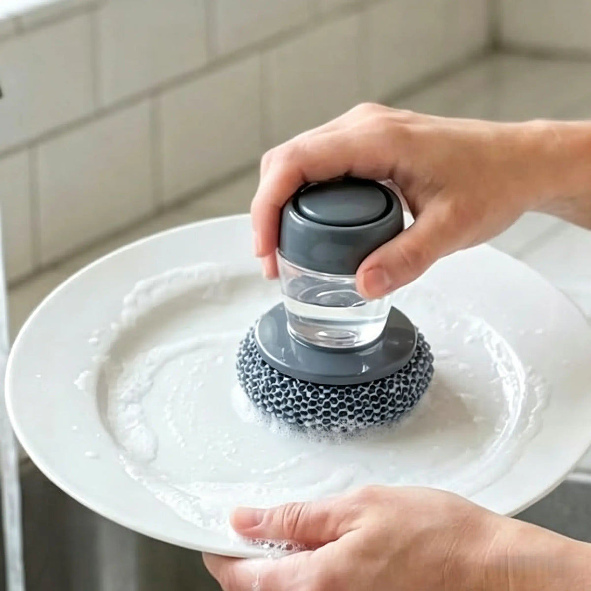 Automatic Liquid-Adding Kitchen Pot Brush with Comfortable Handle, Deep Grease Lift, Removable Head, Easy Clean Scrubber for Frying Pans, Plates, Gentle-on-Hands Manicure-Friendly Home Care Tool